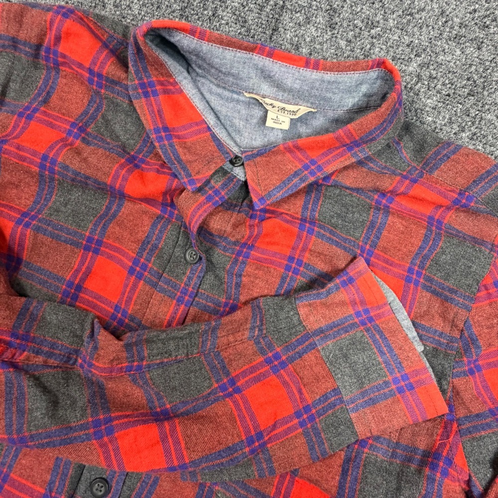 VTG Lucky Brand est.1990 Womens Large L Red Grey Plaid Flannel Button Down Shirt
